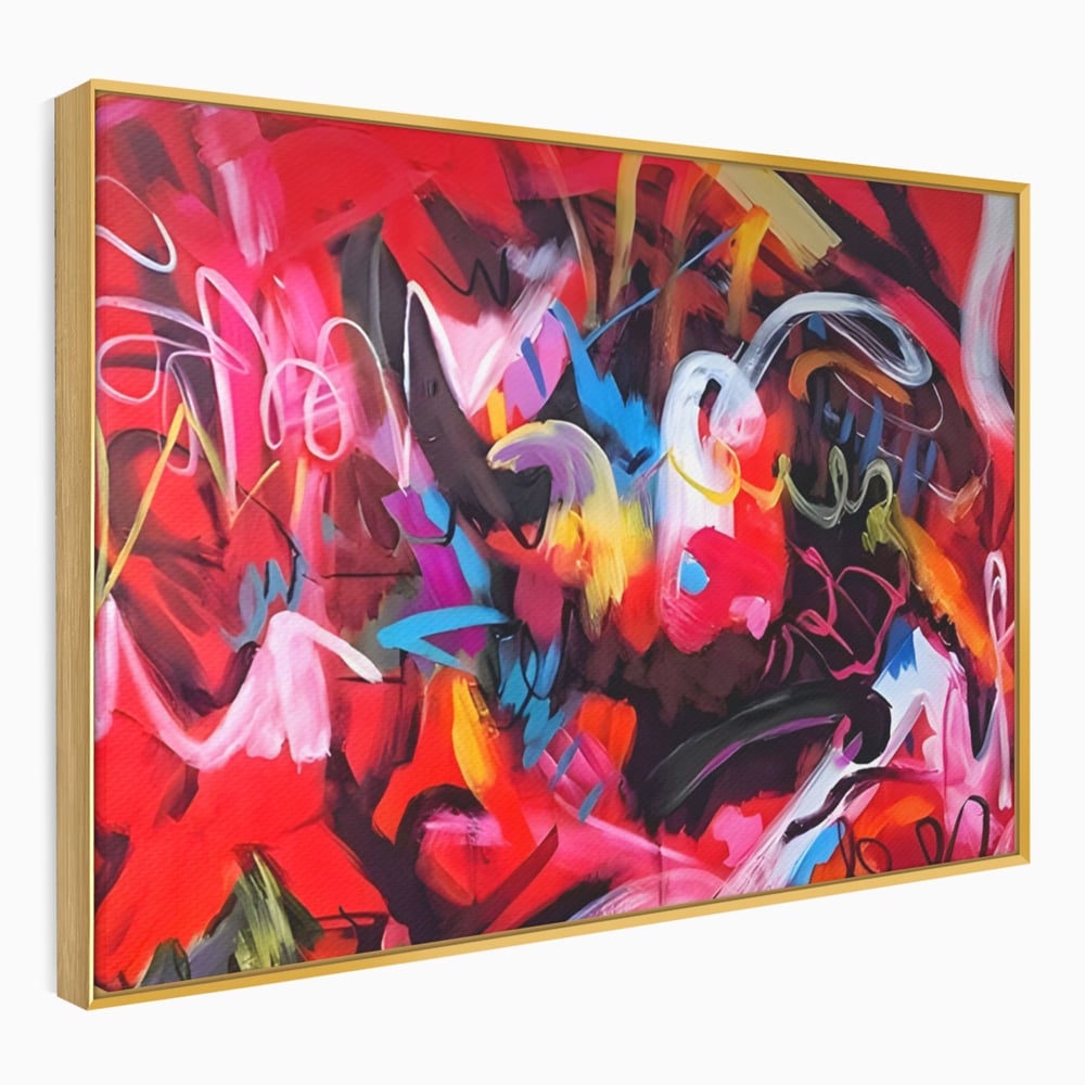 Tablou canvas cu tablou canvas cu graffiti rosu, in rama de aluminiu auriu